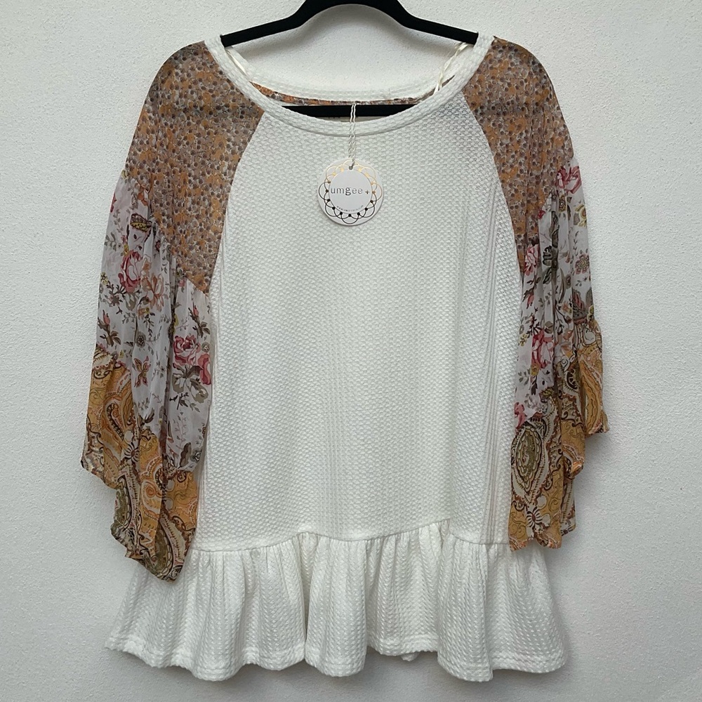 Umgee White Peplum Top with Floral Patchwork Sleeves